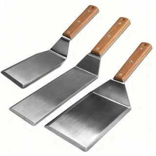 bbq-0002-Професионален комплект метални шпатули за барбекю и планча (3 части) от неръждаема стомана 304 с дървени дръжки